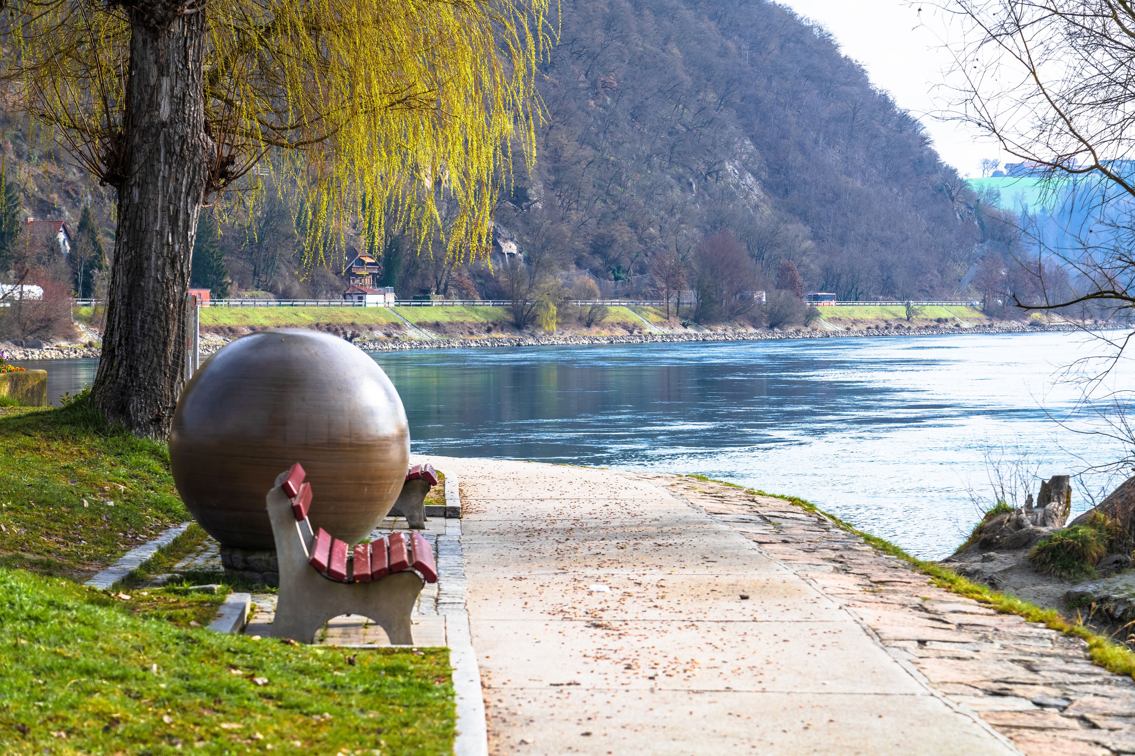 Passau, Germany. Inn and Danube river mouth park in Passau view