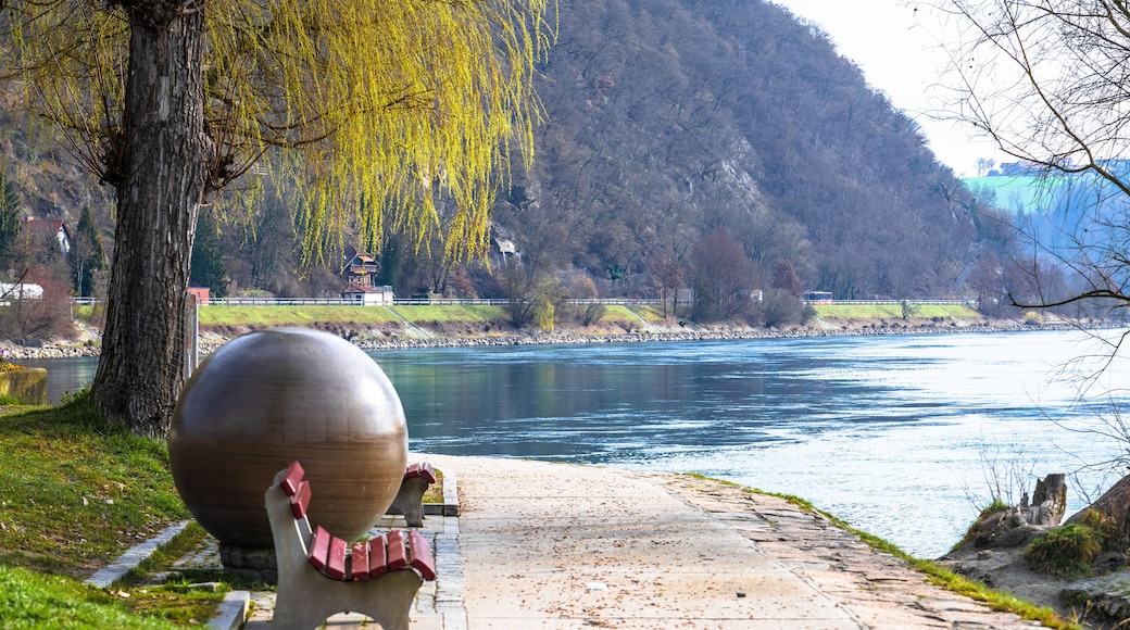 Passau, Germany. Inn and Danube river mouth park in Passau view