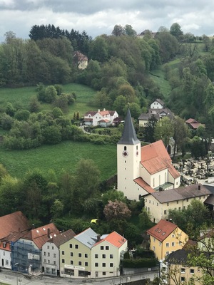 Overlooking Passau, Germany . A local church and cemetery.