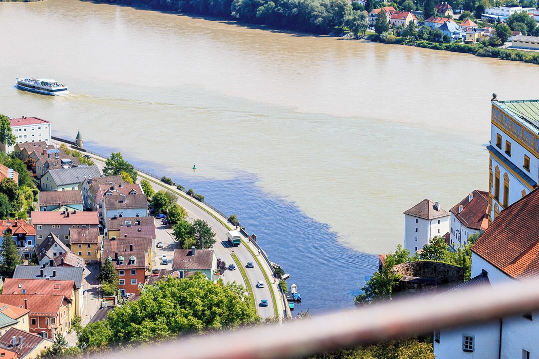 Looking down on the confluence of the rivers Danube, Inn and Ilz at Passau from the Look-Out Tower at the Veste Oberhaus.

It is so amazing to see the different colours of the three rivers coming together.