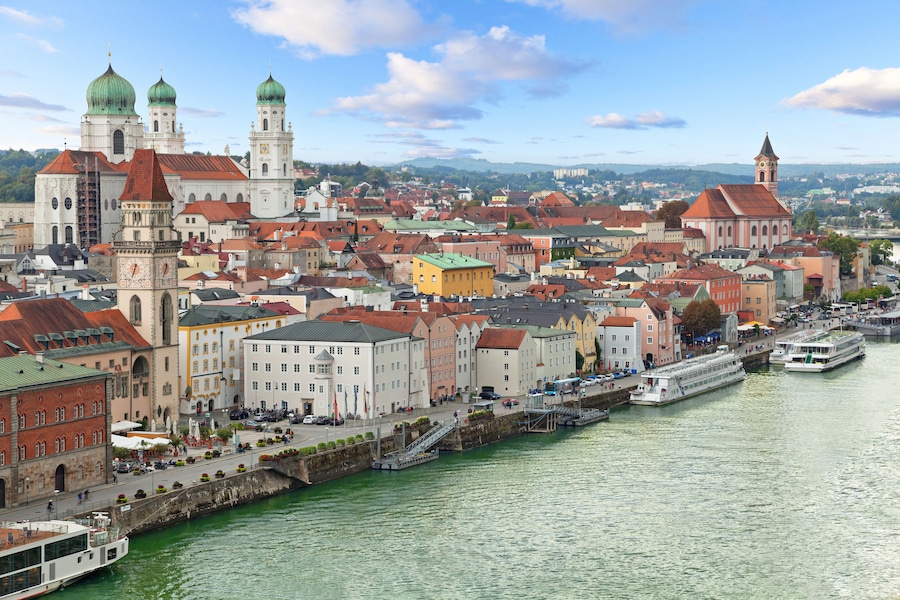 Aerial view of Passau with Danube river, embankment and cathedral, Bavaria, Germany