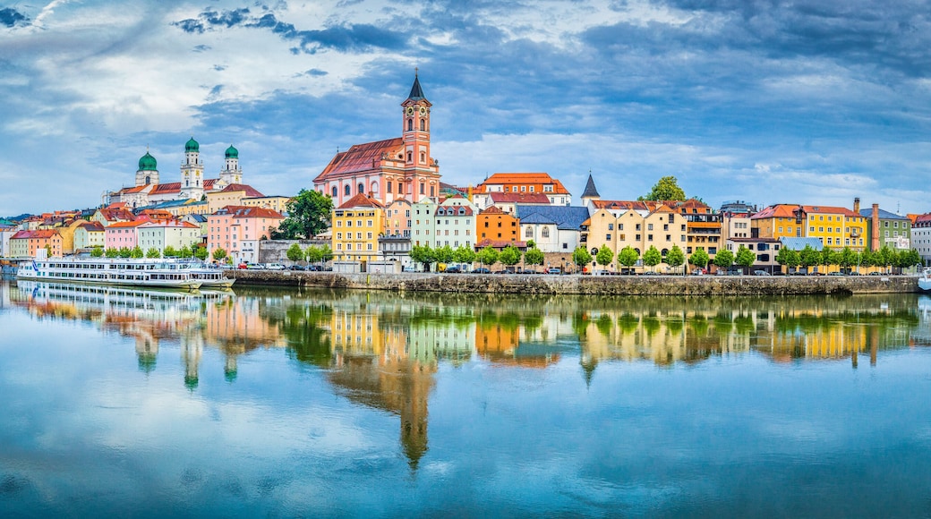 Passau city panorama with Danube river at sunset, Bavaria, Germany