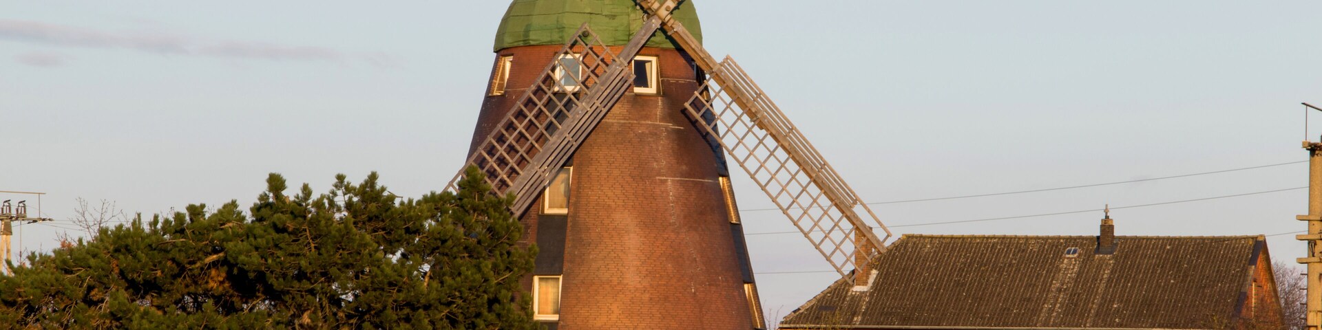 A traditional windmill with a green top and a brown base, surrounded by a field of tall, dry grass and a wooden fence.