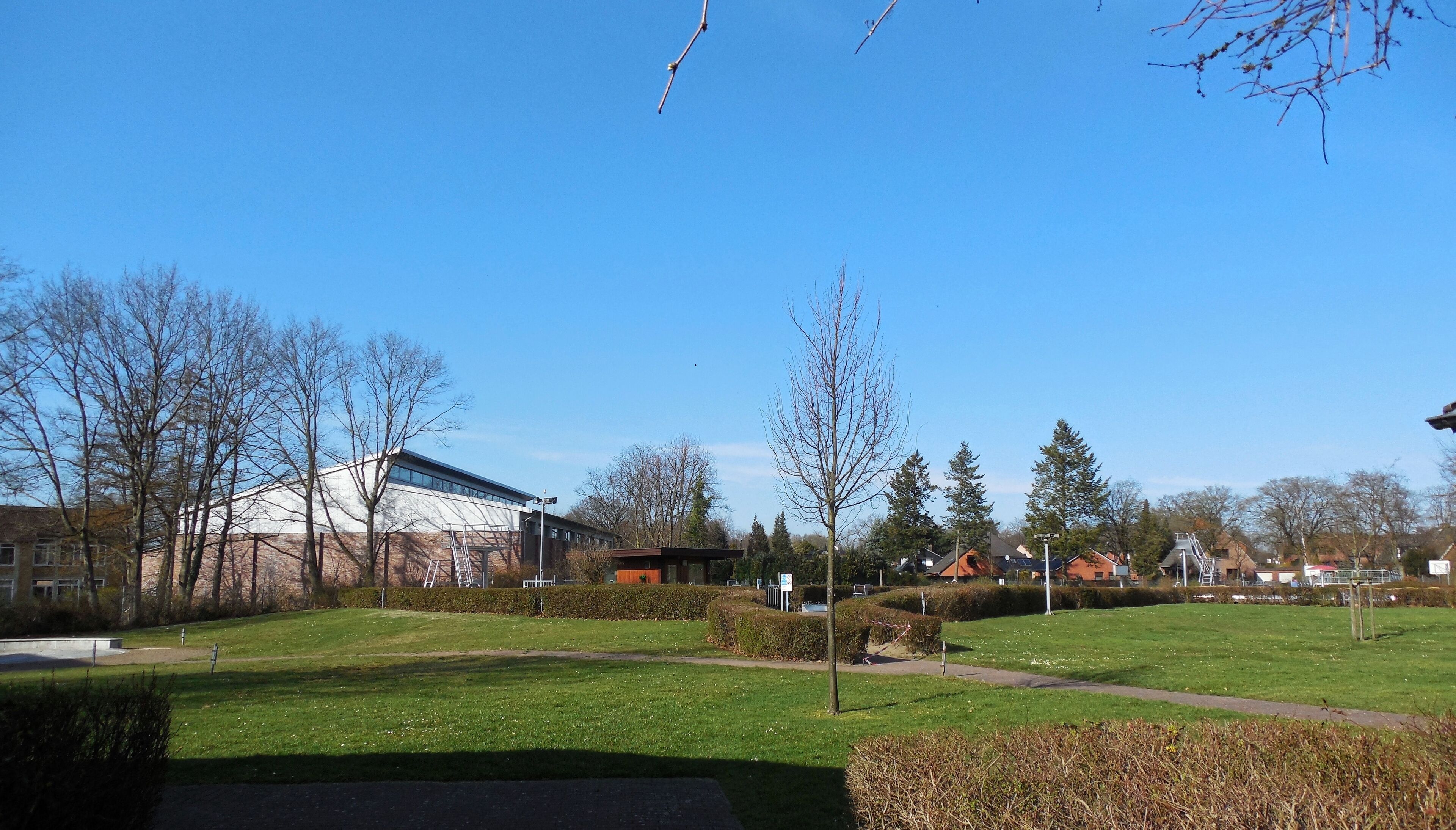 A park with a modern building, trees, and a clear blue sky.