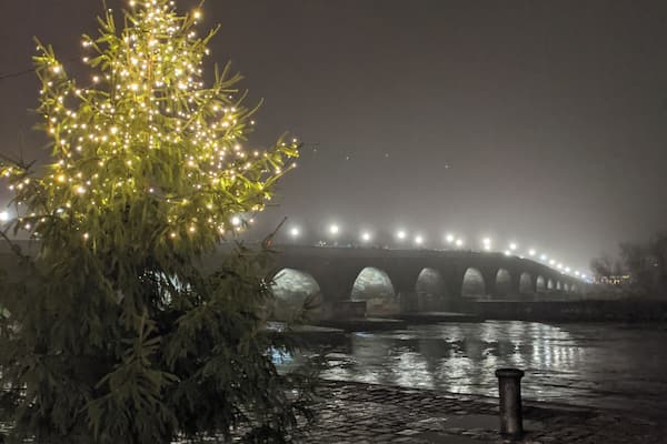 Old stone bridge during December. #regensburg #germany #bridge #foggynight #christmastree