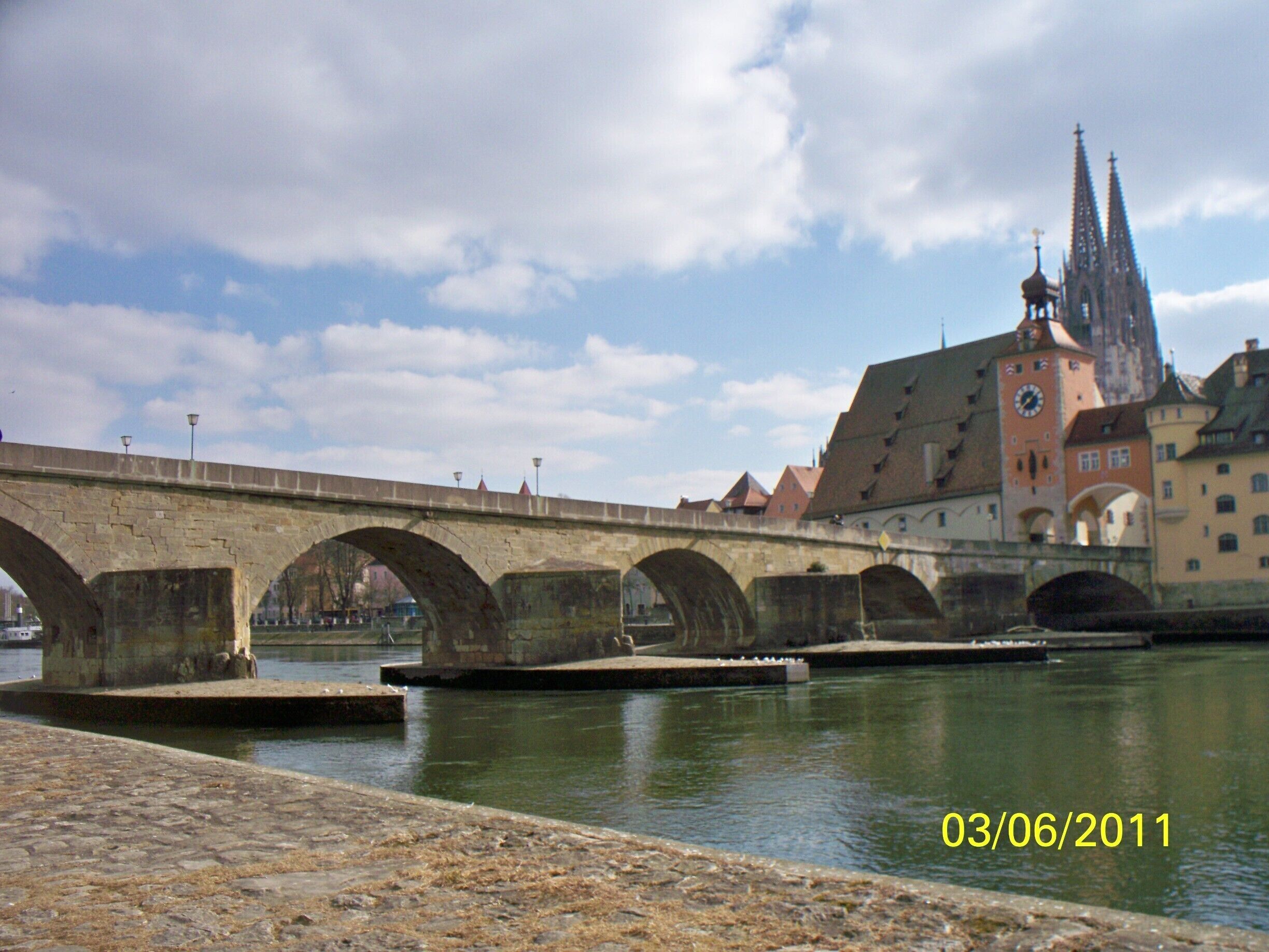 The bridge was built in the 12th century and up until the 1930s it was the only bridge across the Danube River. The sausage kitchen is just on the other side
