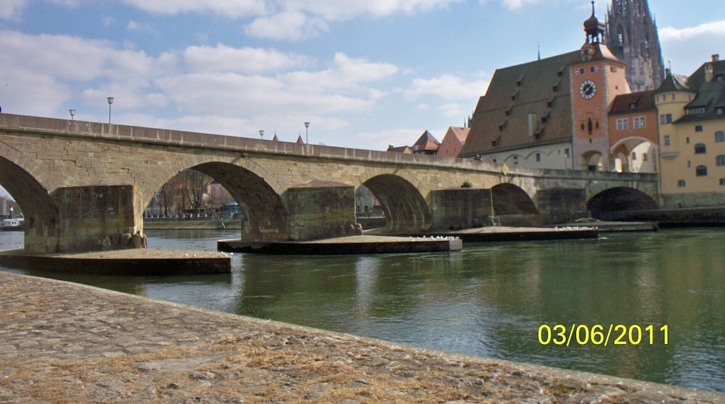 The bridge was built in the 12th century and up until the 1930s it was the only bridge across the Danube River. The sausage kitchen is just on the other side