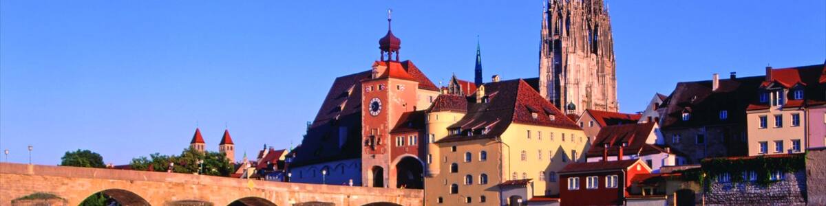 Regensburg which includes a bridge, a river or creek and heritage architecture