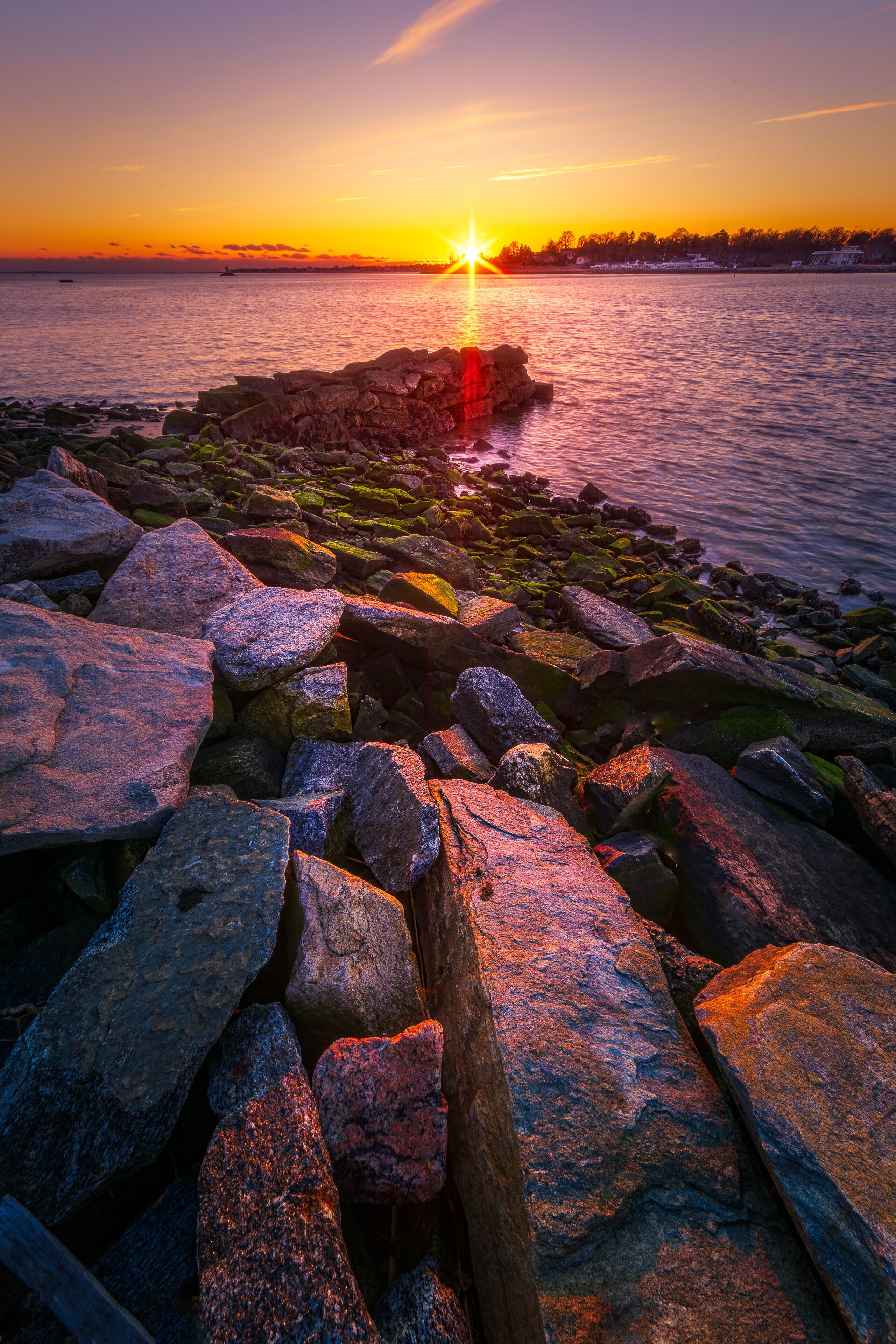Sunset on a beautiful summer evening at seaside Park in Bridgeport, Connecticut, USA.