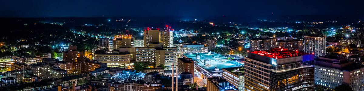 Aerial panorama of New Haven, Connecticut by night. New Haven is the second-largest city in Connecticut after Bridgeport