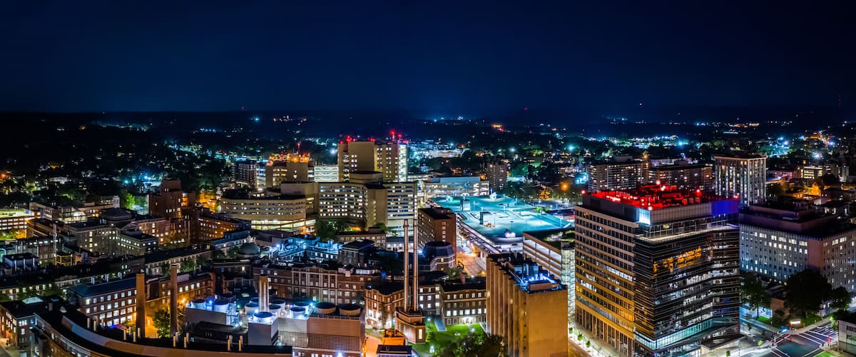 Aerial panorama of New Haven, Connecticut by night. New Haven is the second-largest city in Connecticut after Bridgeport