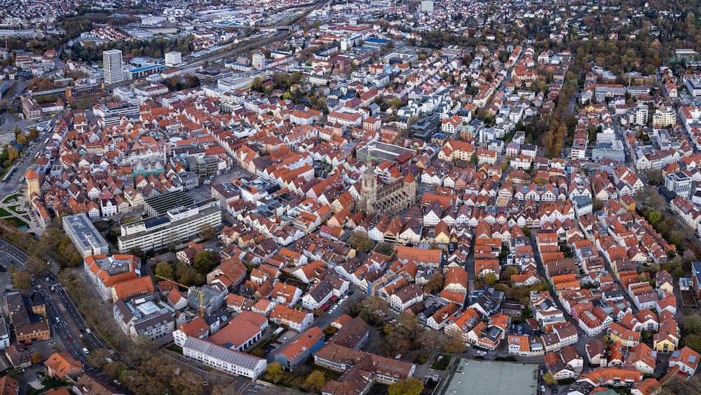 Aerial view of the old town of the city Reutlingen
in Germany on a sunny afternoon in autumn