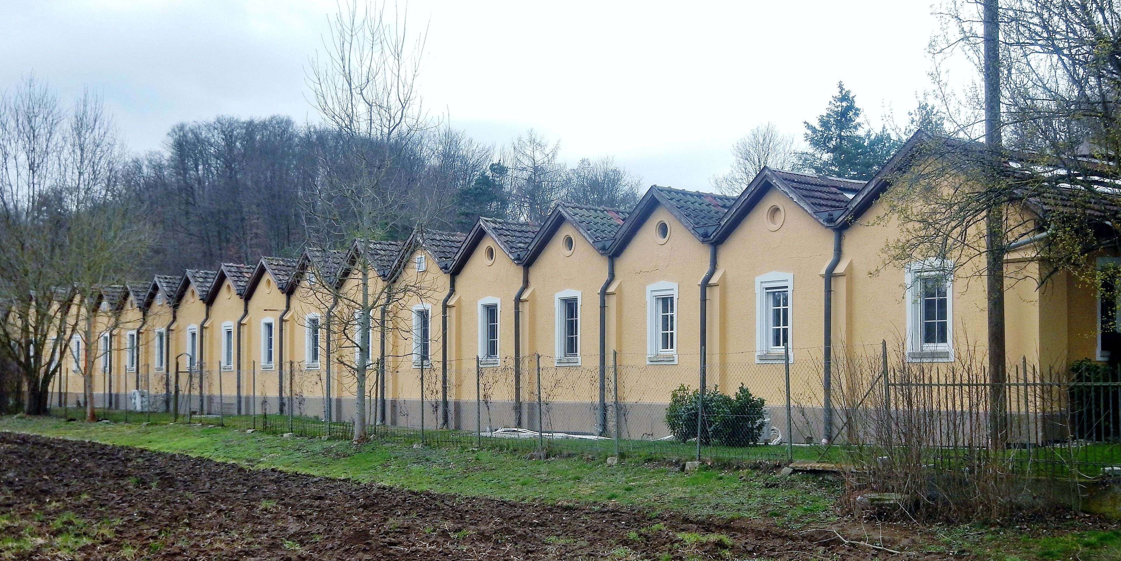 A row of yellow buildings with brown roofs and white windows.