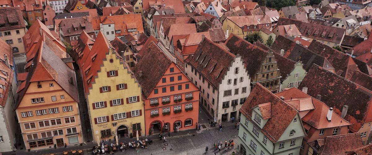 Romantic Medieval Old town Rothenburg ob der Tauber.
View from City Hall Tower