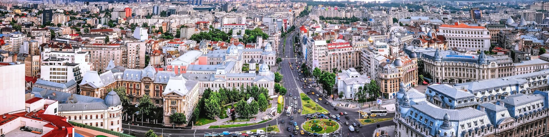 180 Degrees aerial panorama of the capital city of Romania, Bucharest.