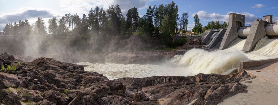The Imatra Rapids (Imatrankoski) on the Vuoksa River in Imatra. Spillway on hydroelectric power station dam musical show. National landscape of Finland