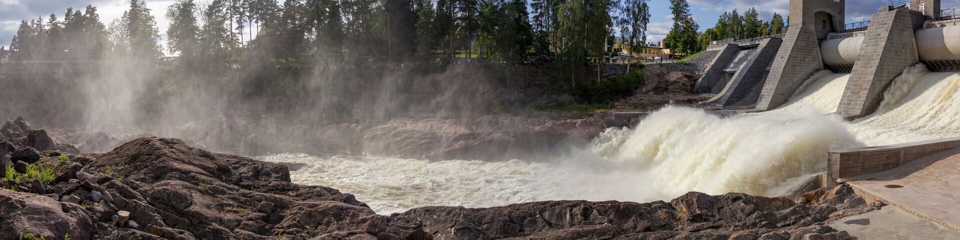 The Imatra Rapids (Imatrankoski) on the Vuoksa River in Imatra. Spillway on hydroelectric power station dam musical show. National landscape of Finland
