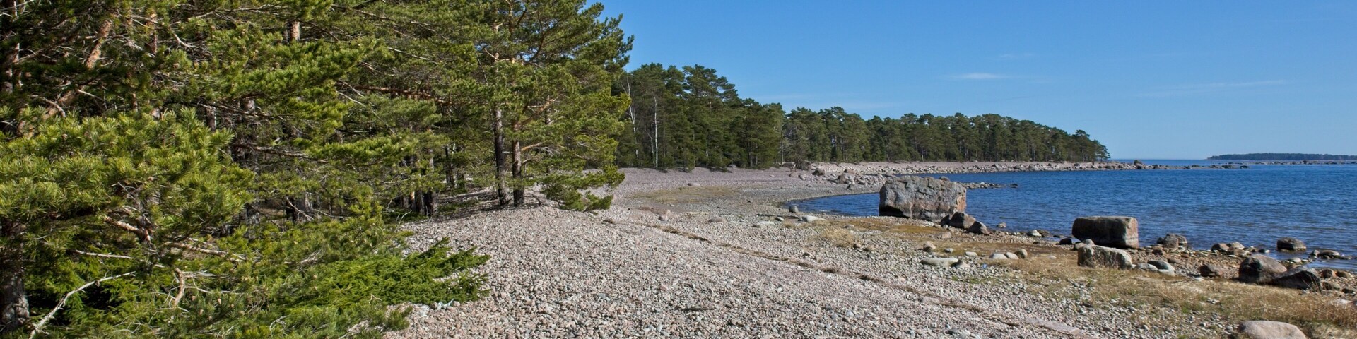 Rocky seashore and trees on the island of Kaunissaari, Pyhtää, Finland.