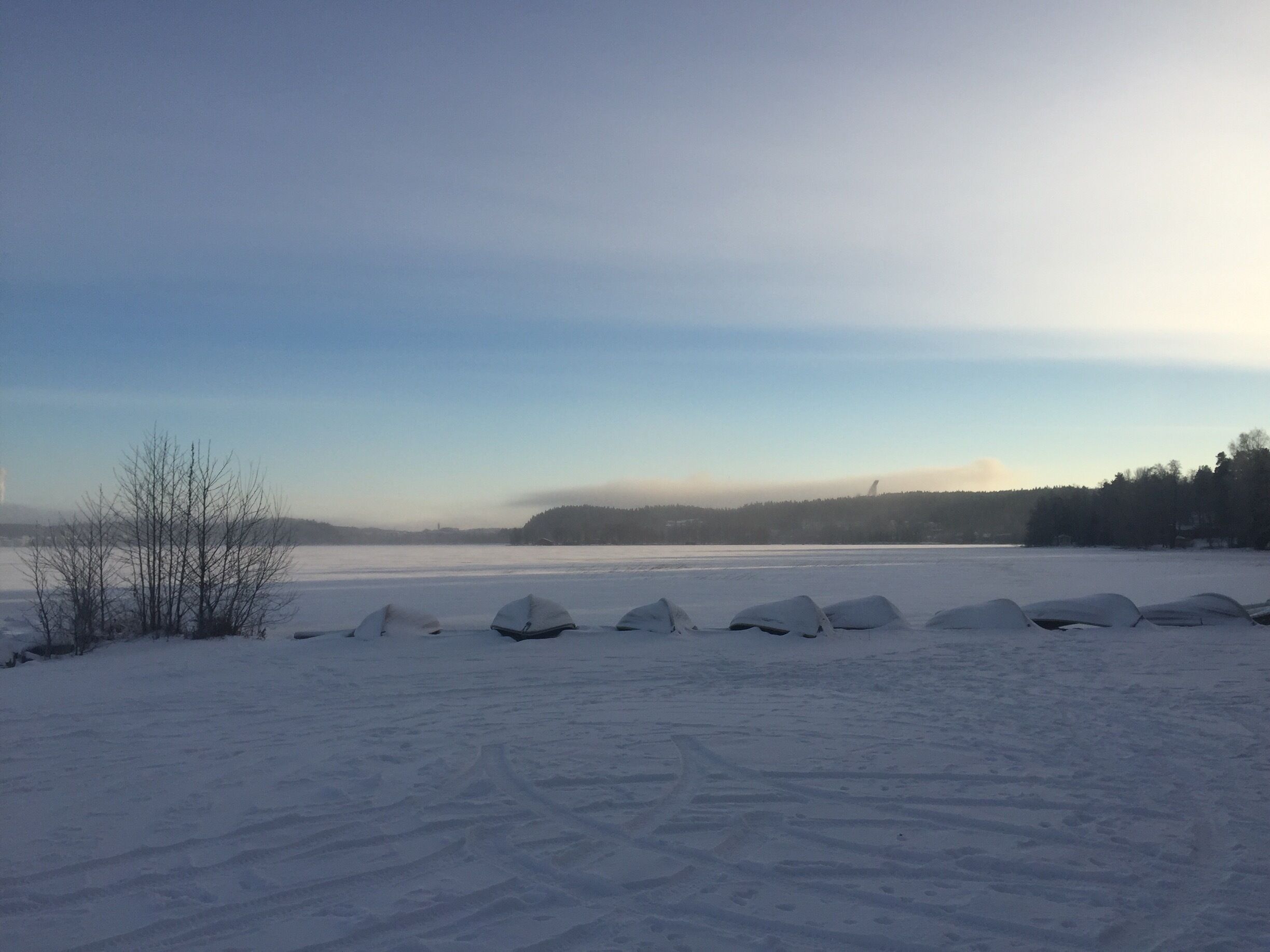 A snowy landscape with a frozen lake, bare trees, and a distant forested hill.