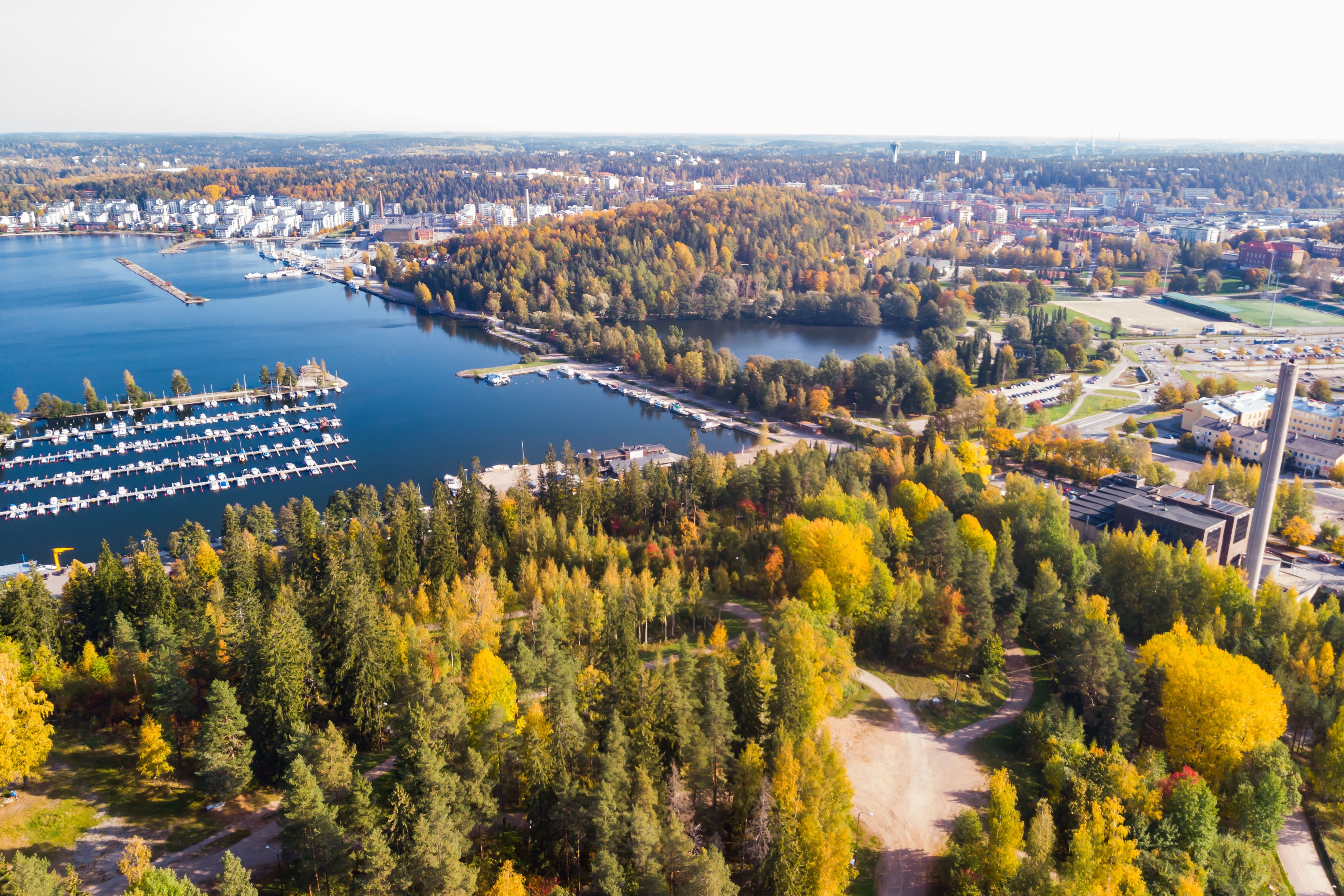 Aerial view to Lahti city and harbor at autumn morning, Finland