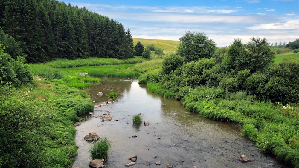 A river flowing through a lush green valley with dense forests on one side and rolling hills on the other.