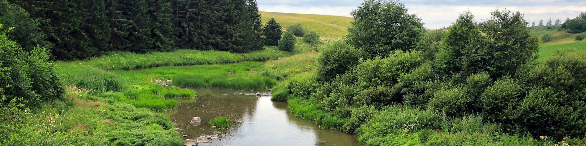 Rural River Landscape at Illinkoski Rapids, Uskelanjoki, Salo, Finland on a beautiful day of July.