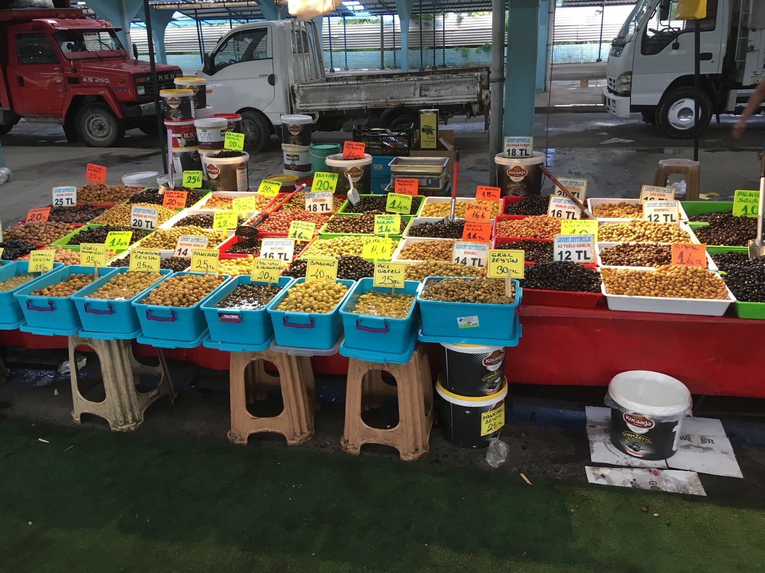 The many varieties and colors of olives for sale at the Edirne farmers market in Edirne, Turkey!
