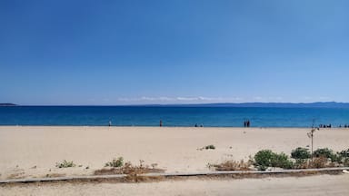 A beach with a clear sky, calm sea, and distant mountains.