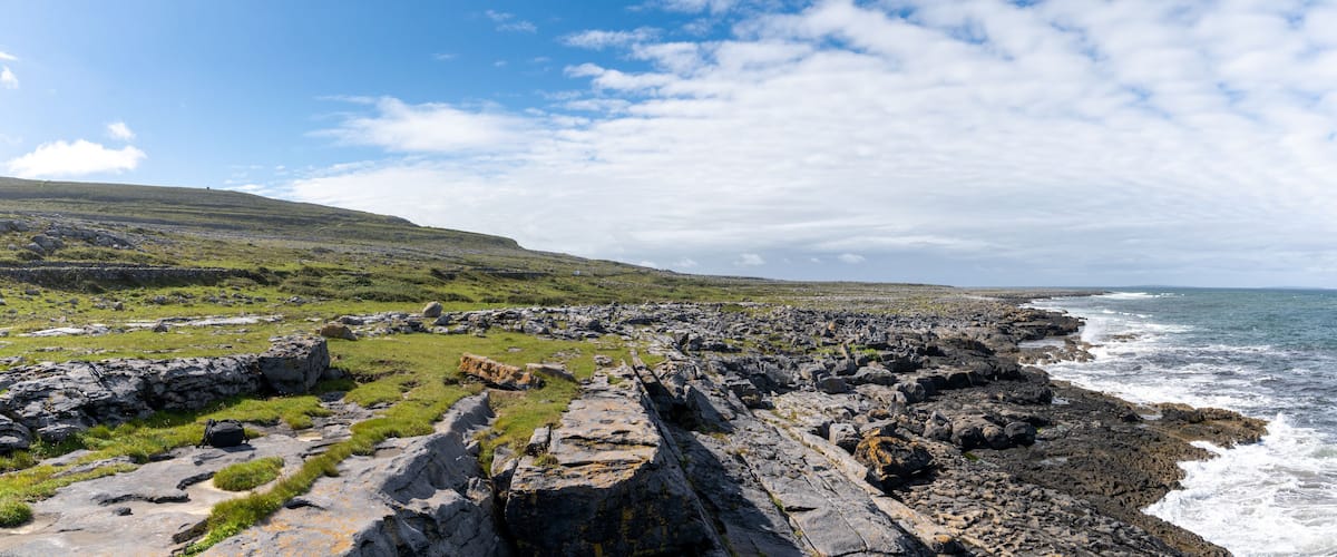 A rocky coastline with waves crashing against the shore, a grassy hill in the background, and a clear sky.