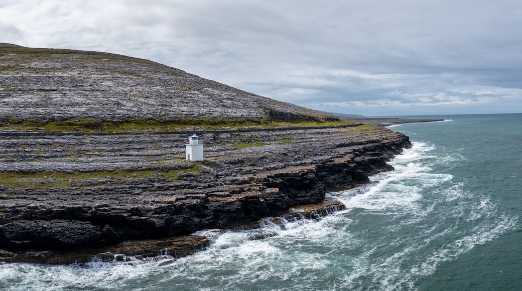 aerial view of the Burren Coast in County Clare with the Black Head Lighthouse on the rocky point