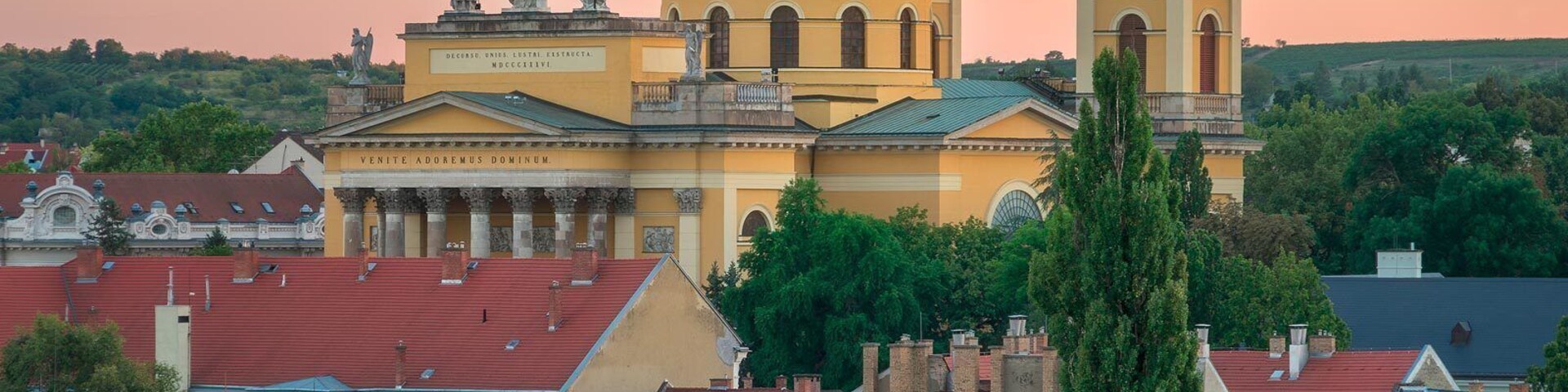 Una iglesia histórica con una cúpula destacada y dos torres de campanas, rodeada de edificios residenciales y vegetación.