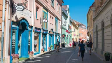 Una calle empedrada flanqueada por edificios de colores, incluyendo un hotel y diversas tiendas.