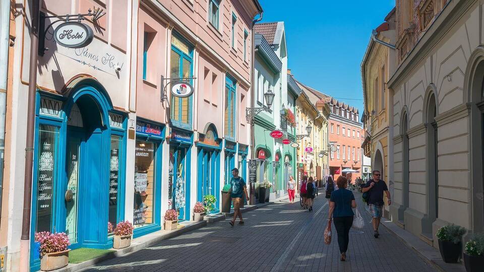 A cobblestone street lined with colorful buildings, including a hotel and various shops.