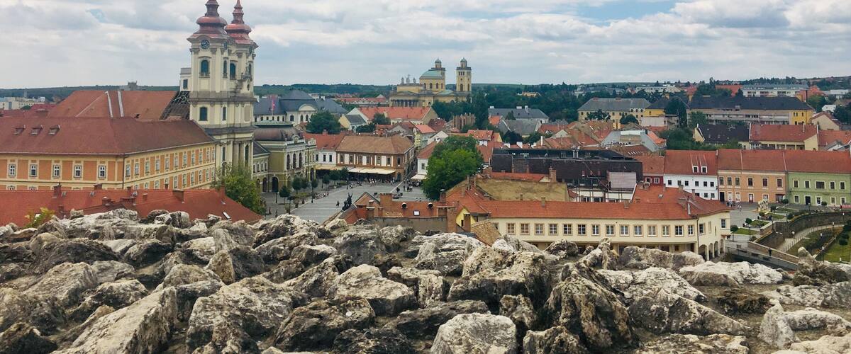 A historic town with prominent churches and a river.