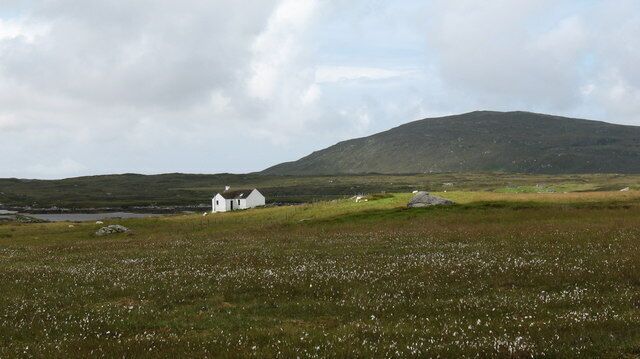 A white house in a grassy field with a hill in the background.