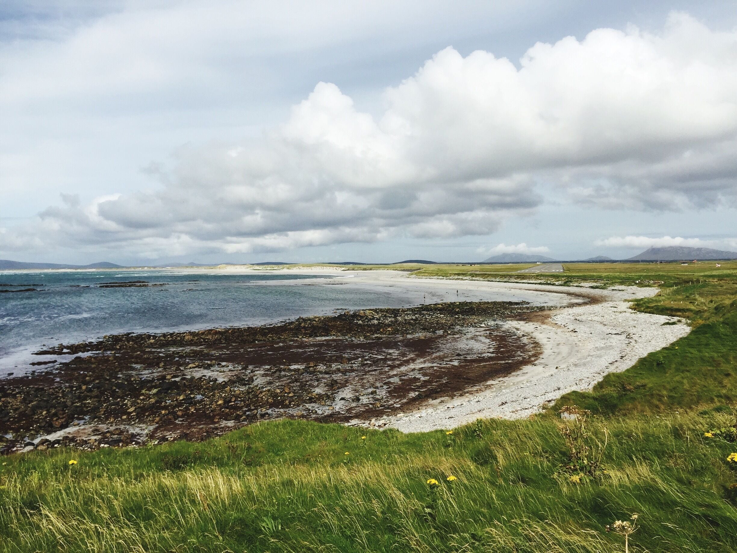 A coastal landscape with a sandy beach, rocky shoreline, grassy areas, and distant mountains under a cloudy sky.
