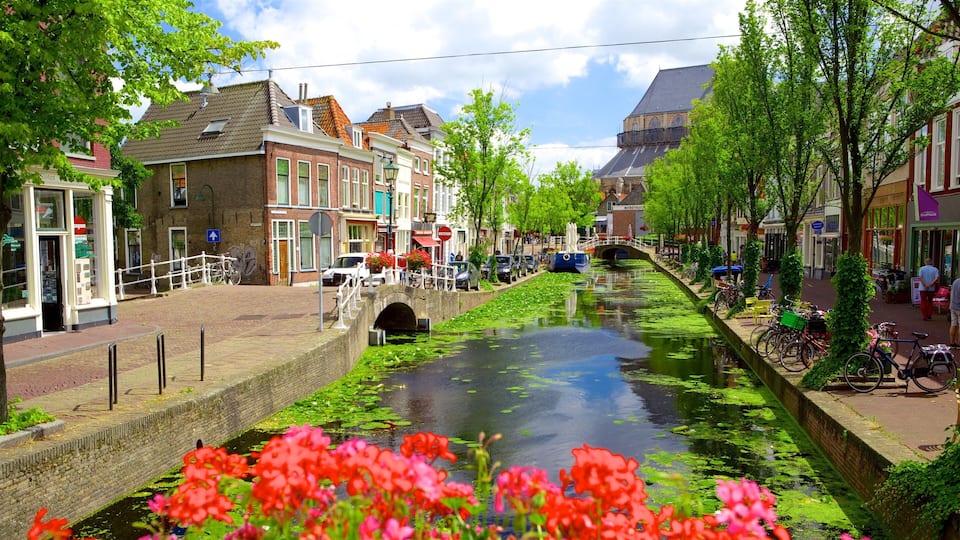 A canal with water lilies and flowers, lined with trees and buildings.