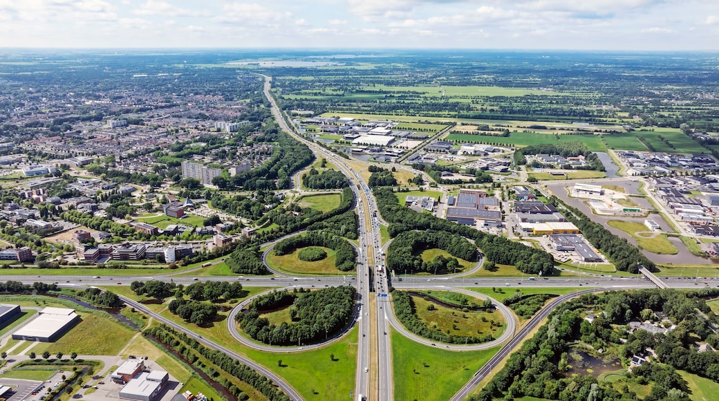Aerial from traffic on the cloverleaf junction Drachten in the Netherlands