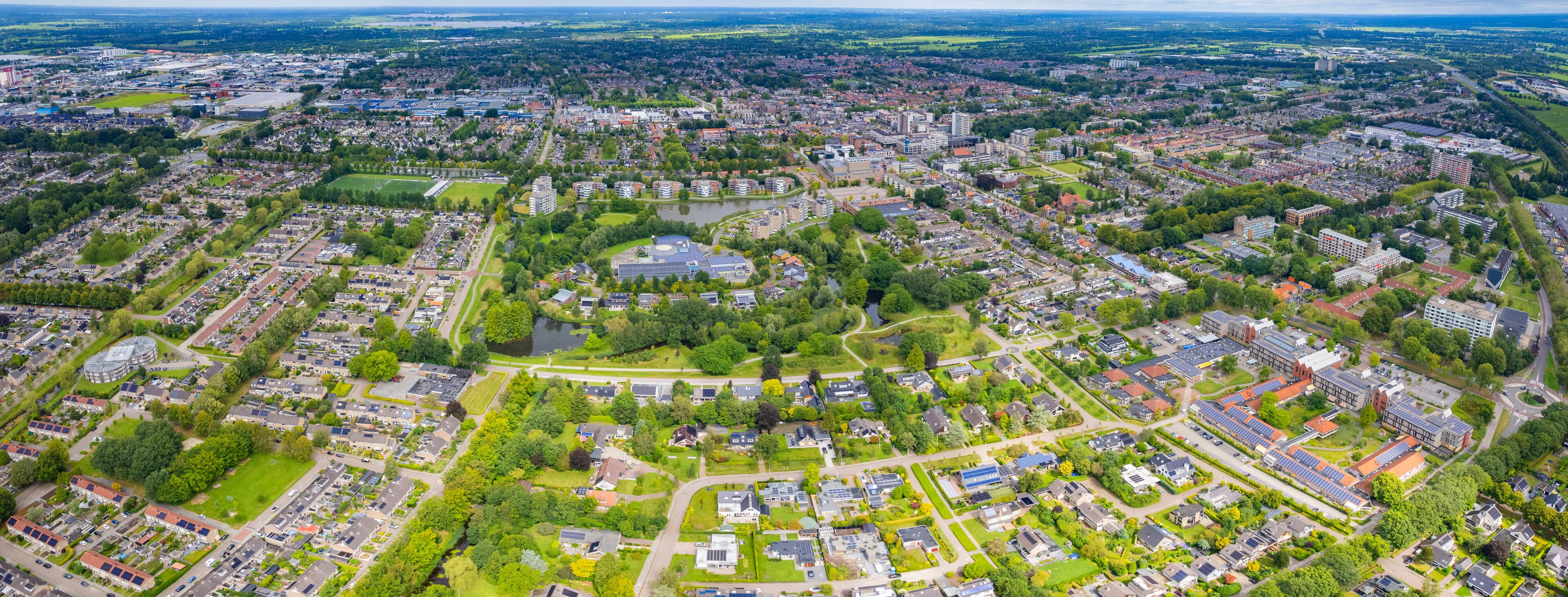 An panorama Aerial view of the old town of the city drachten in the Netherlands on a sunny morning in summer