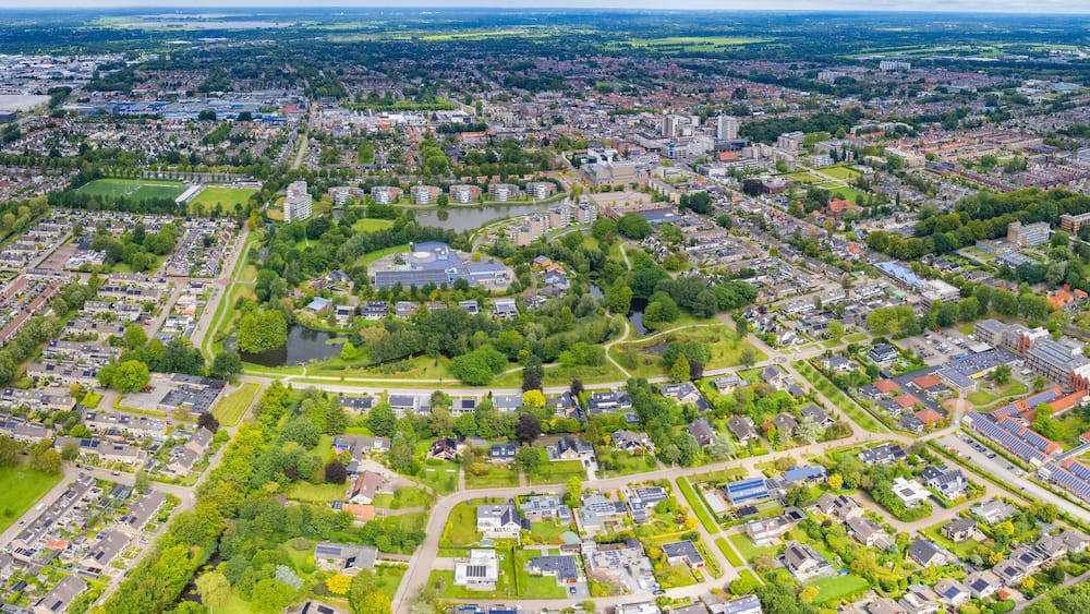 An panorama Aerial view of the old town of the city drachten in the Netherlands on a sunny morning in summer