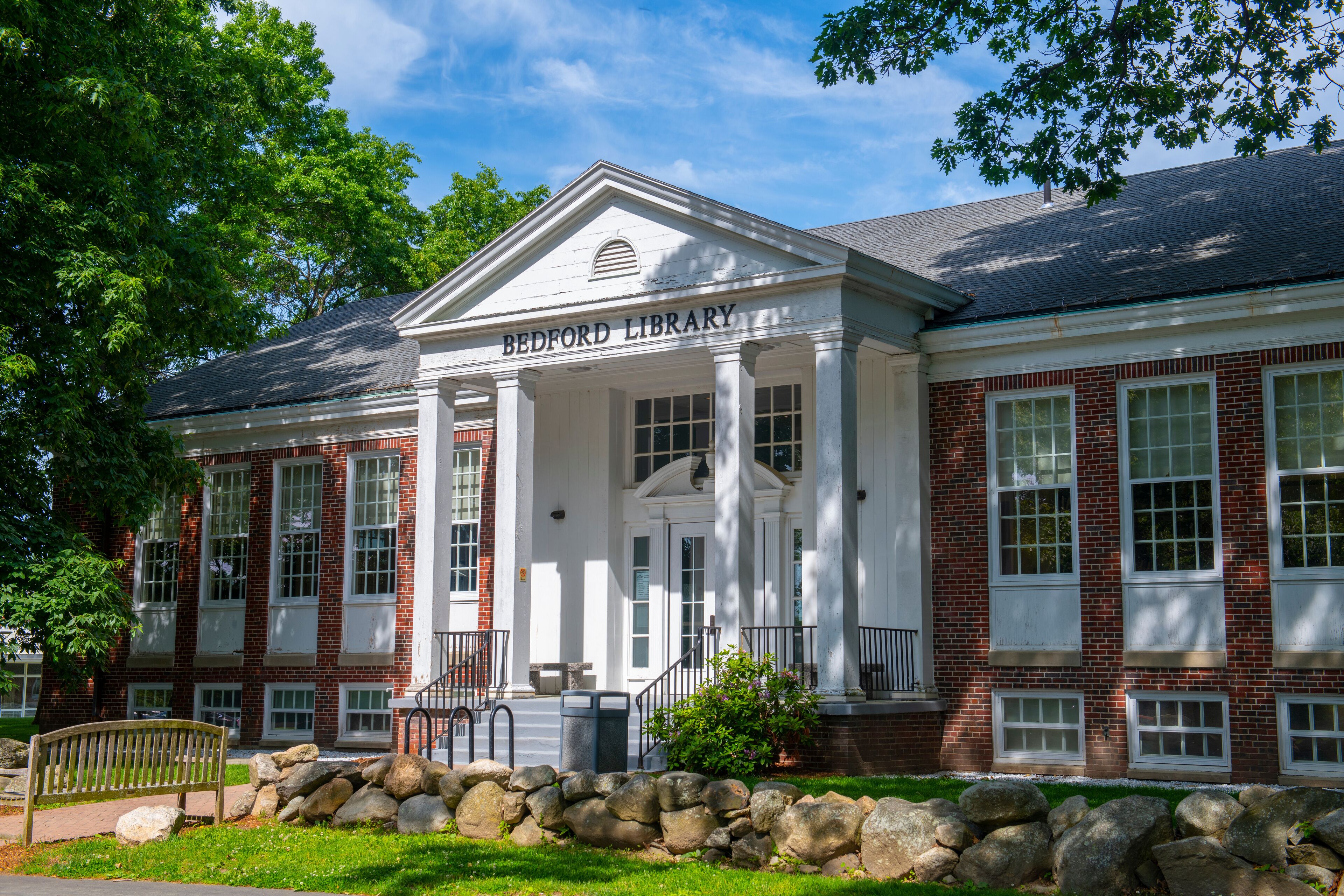 Bedford Free Public Library at 7 Mudge Way in historic town center of Bedford, Massachusetts MA, USA. 