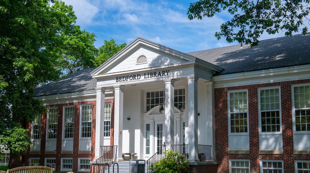 Bedford Free Public Library at 7 Mudge Way in historic town center of Bedford, Massachusetts MA, USA.