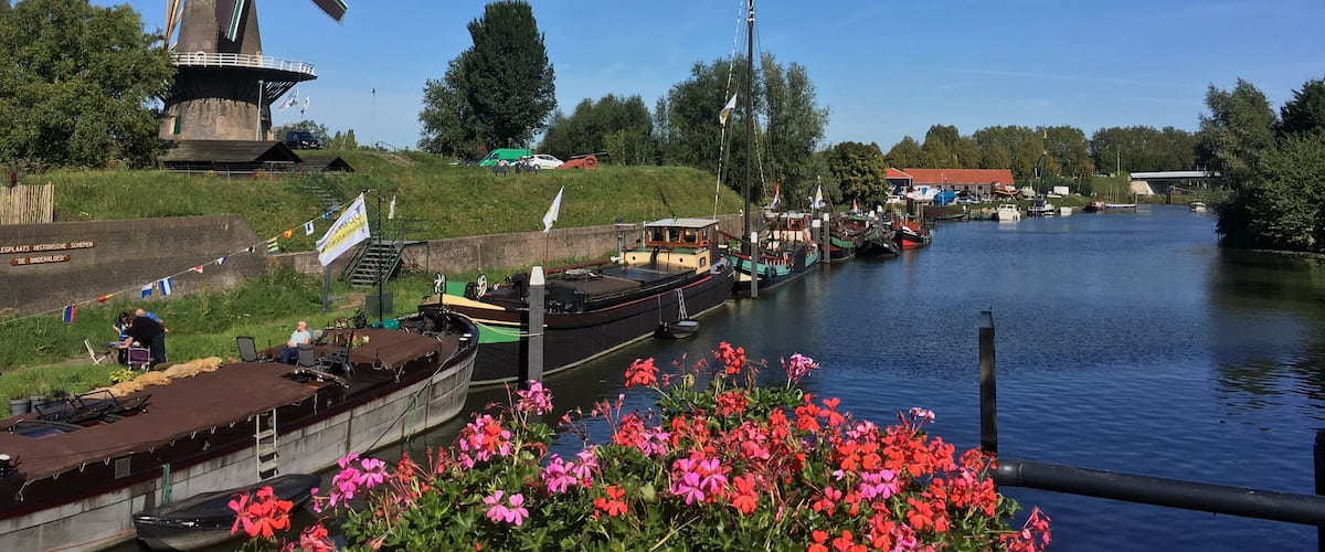 A windmill, a river, boats, and flowers.