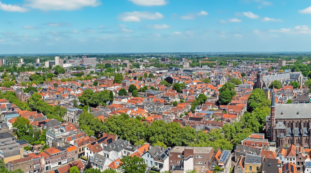 Aerial from the city Gouda with the Gouwe church in the Netherlands