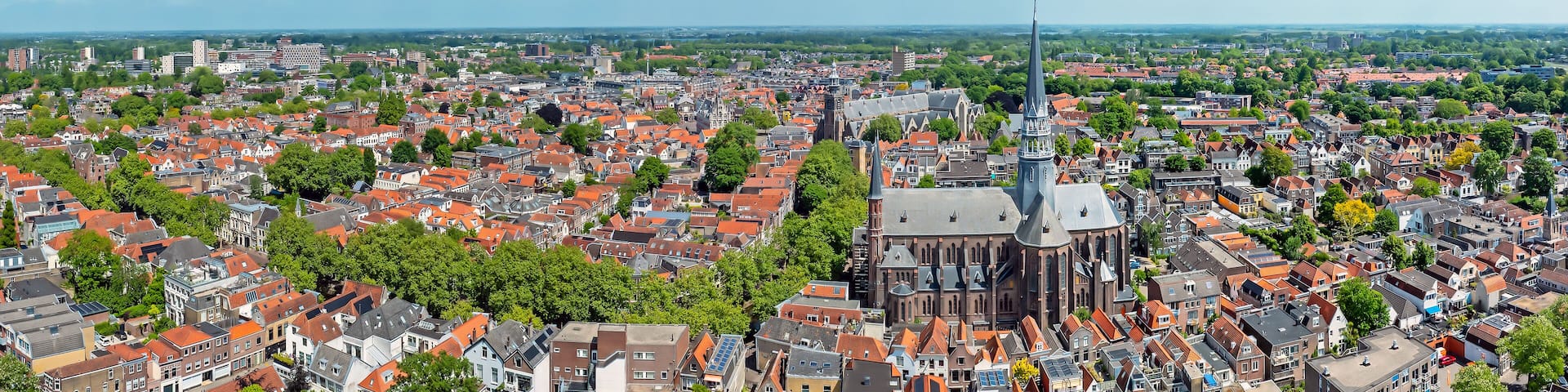 Aerial from the city Gouda with the Gouwe church in the Netherlands