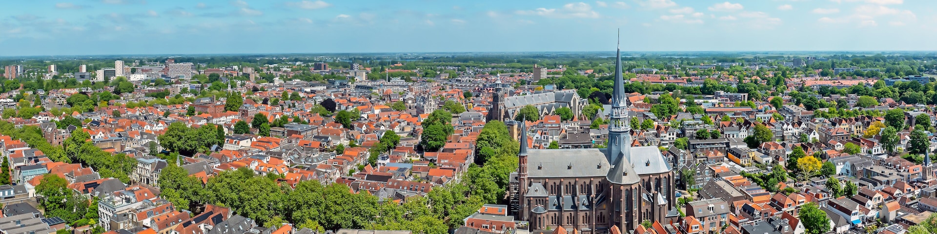 Aerial from the city Gouda with the Gouwe church in the Netherlands