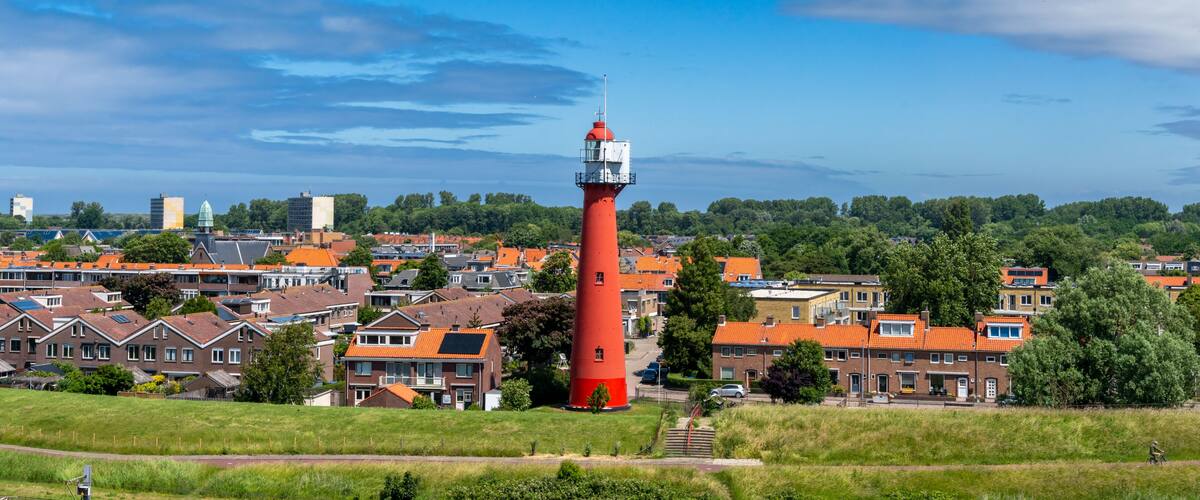 view of the lighthouse and village of Hoek van Holland on the Rhine Estuary