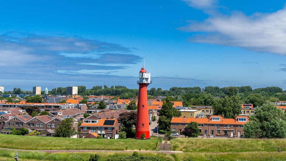 view of the lighthouse and village of Hoek van Holland on the Rhine Estuary
