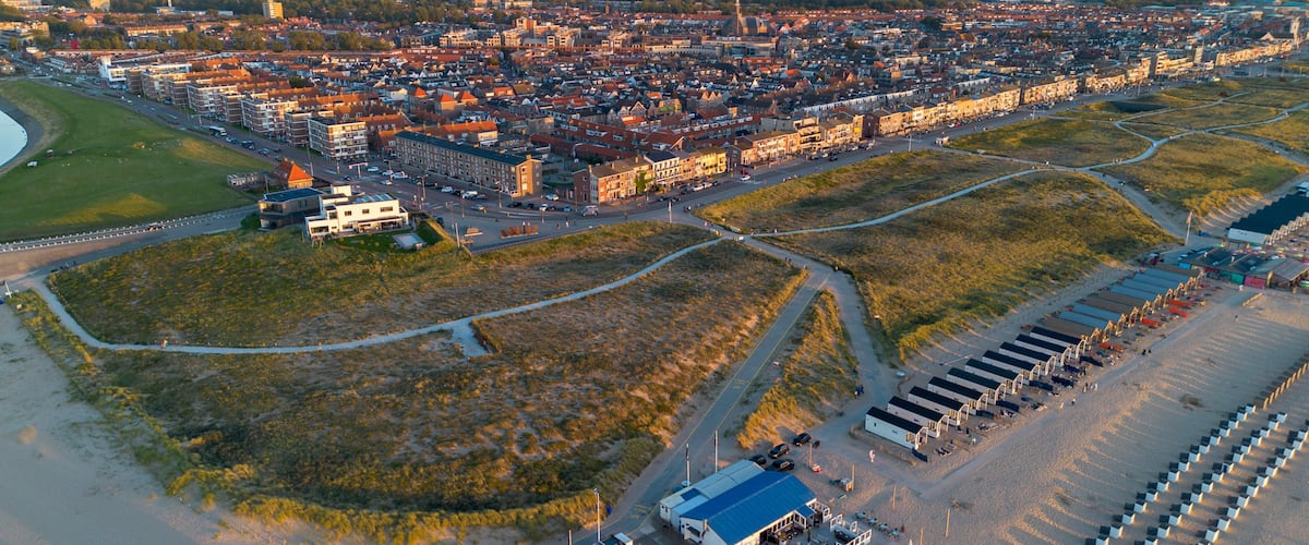 An aerial view of a coastal town with a dense urban area, a sandy beach, and a marina.