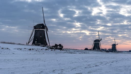 Panorama photo of a sunrise on a cold winter morning with a snowy landscape at the three windmills in Leidschendam, The Netherlands